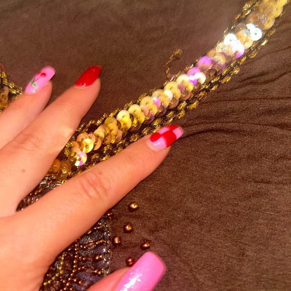 Vintage Brown Sequin Beaded Adorned Embellishments Top with Mesh Paisley Sleeves - Picture 4 of 8